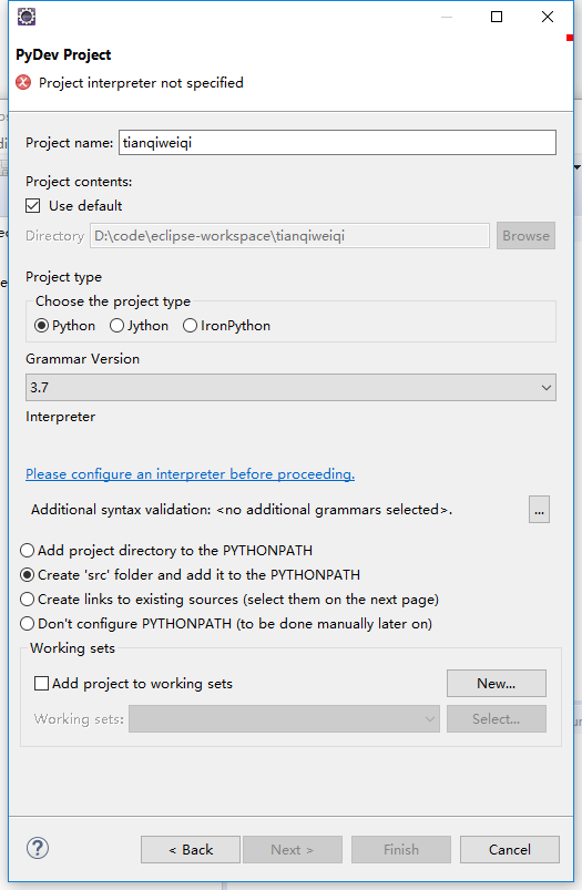 eclipse新建Python项目错误提示：Project interpreter not specified